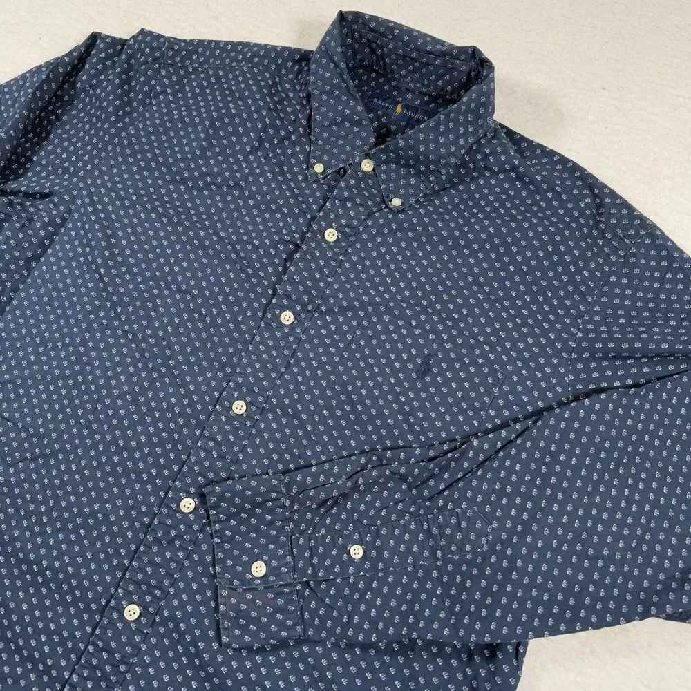 Polo Ralph‎ Lauren Shirt Mens Large Navy Geometric Long Sleeve Pony Pocket Shirt